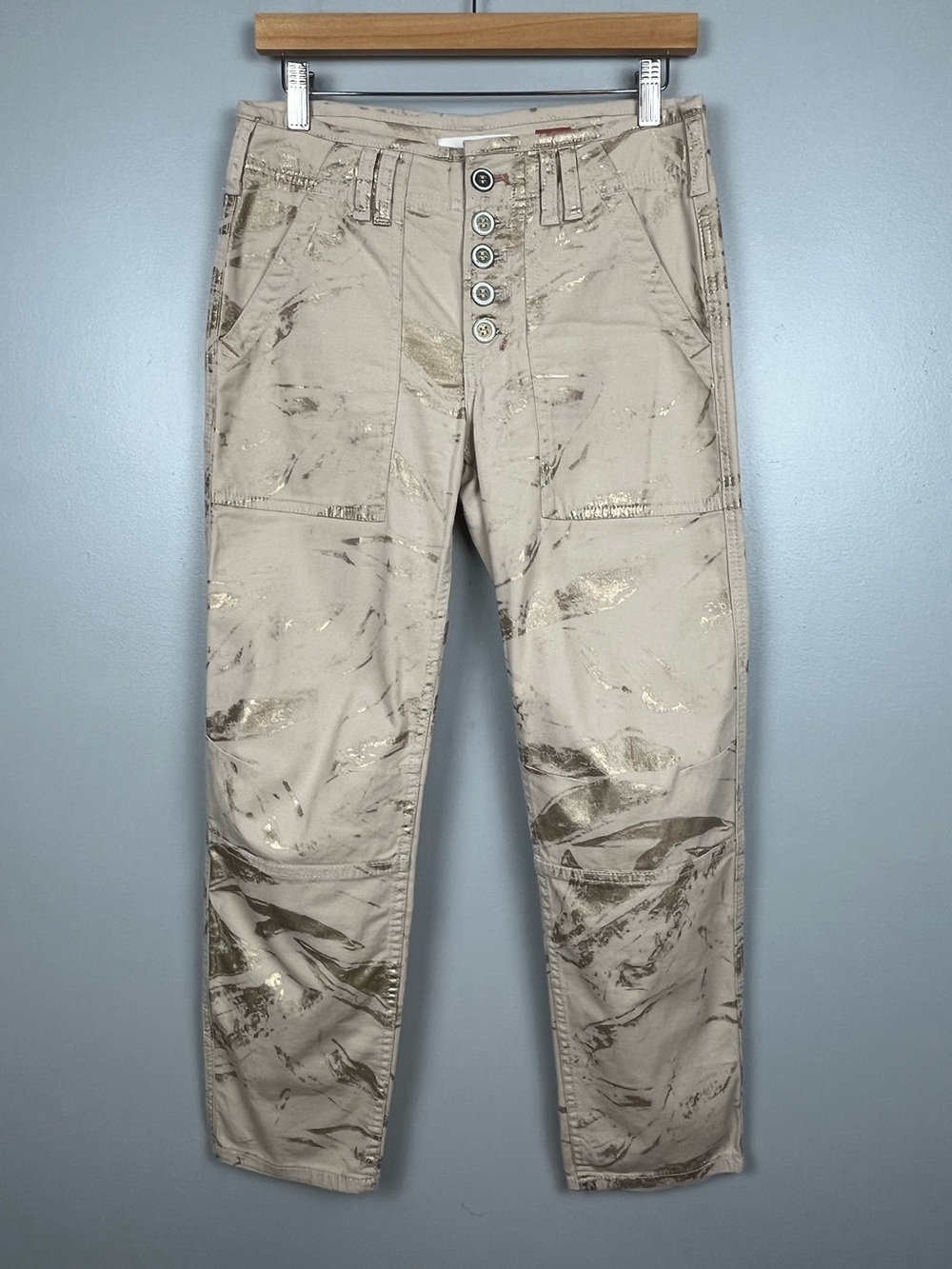 By Anthropologie The Wanderer beige & gold button fly straight leg pants, 26.